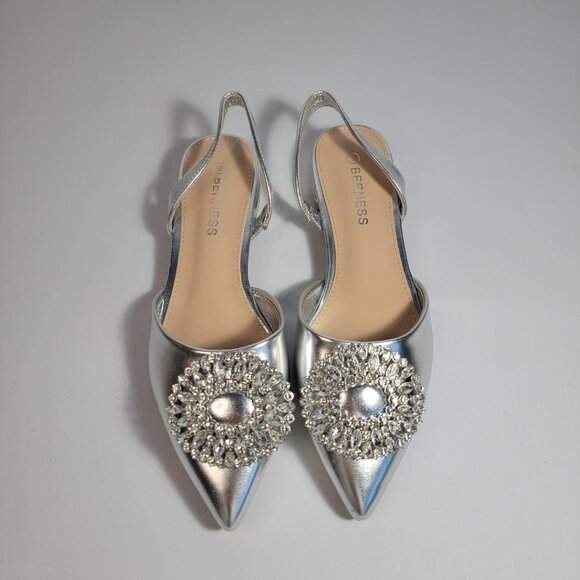 Berness Women's Silver Penee Pointy Toe Slingback Silver Flats Size 7 - Picture 2 of 12